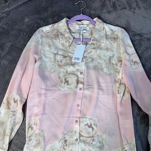 Rose + Olive Floral Blouse Pink Cream Sheer Button Front Long Sleeve Size L NWT